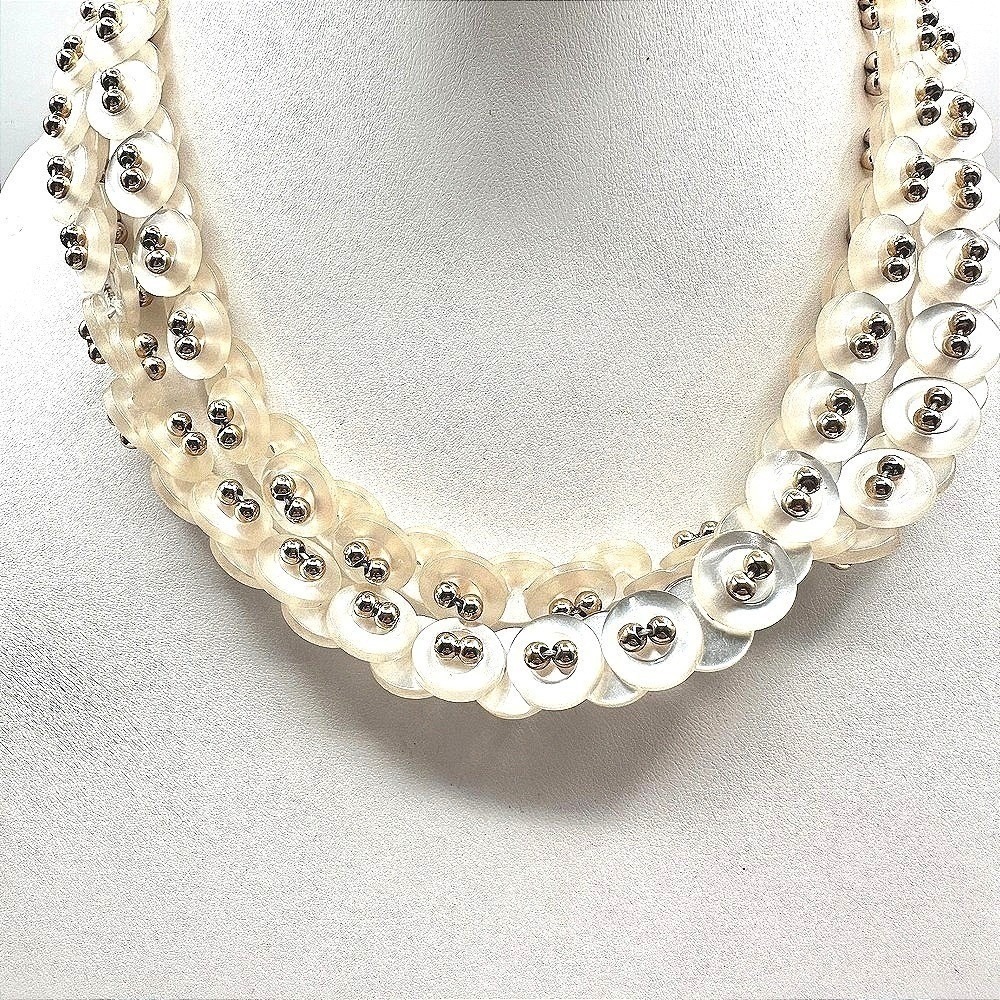 Vintage 90s White MOP Shell Button Collar Necklace Gold Tone‎ Beads Runway Style